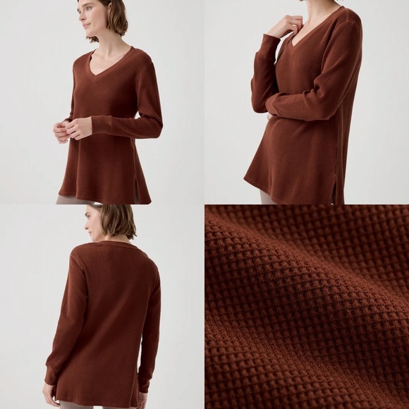 PACT WOMEN’S ORGANIC COTTON THERMAL WAFFLE V-NECK TUNIC IN MAHOGANY SIZE MEDIUM - Picture 4 of 4